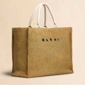 Marni Large Raffia Tote Bag in Tan & White | New With Tags